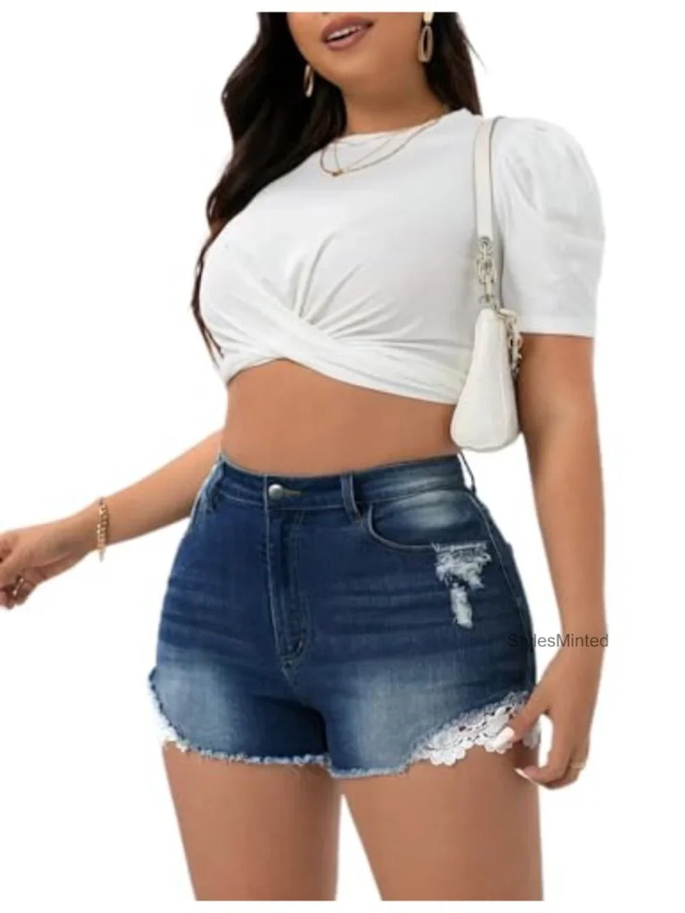 Women's Plus Size High Waisted Stretchy Distressed Denim Shorts with Frayed